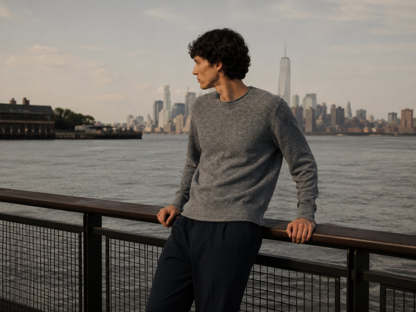 Halden worn by the Hudson, with the New York skyline beyond